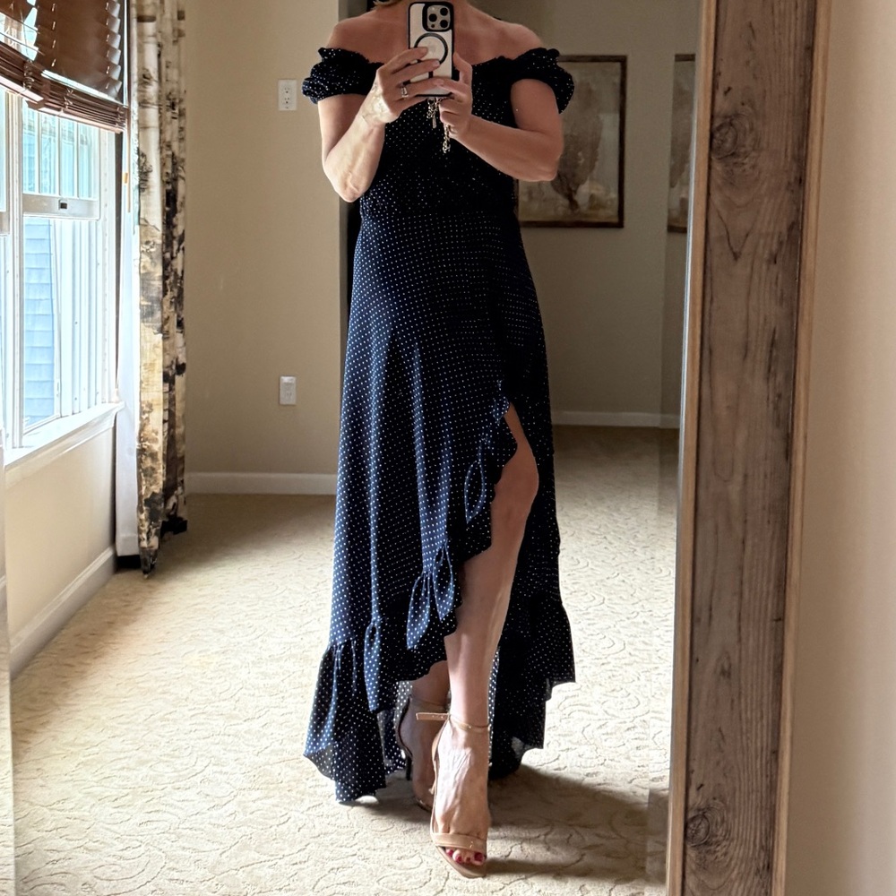 Aqua navy/ white polka dot Off-Shoulder Sleeveless High Low dress